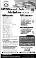Admission notice for Hitec University Taxila